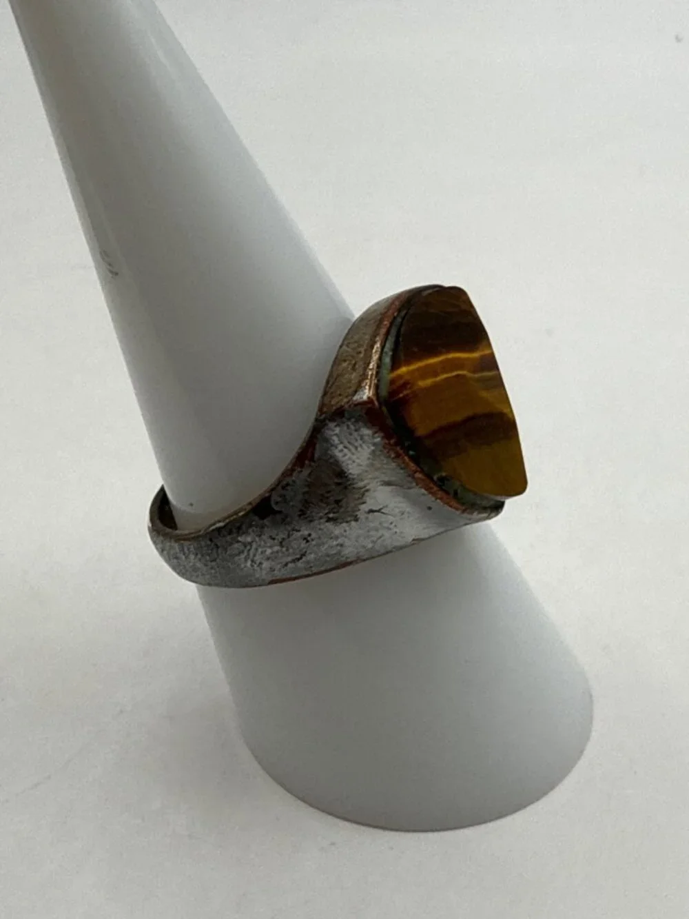 Vintage Silver Tone Trillion Tigers Eye Ring Rustic Statement Boho